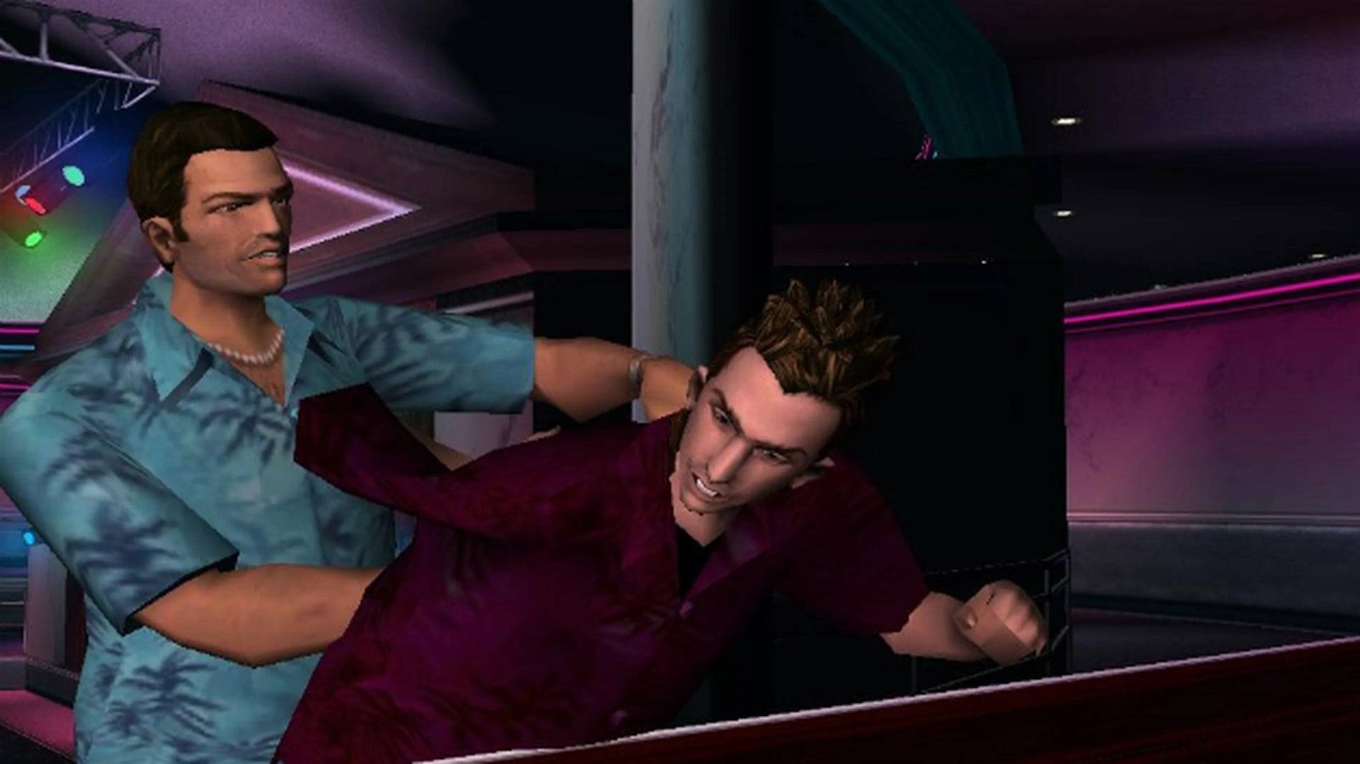 Tommy Vercetti tackles Kent Paul in Grand Theft Auto: Vice City