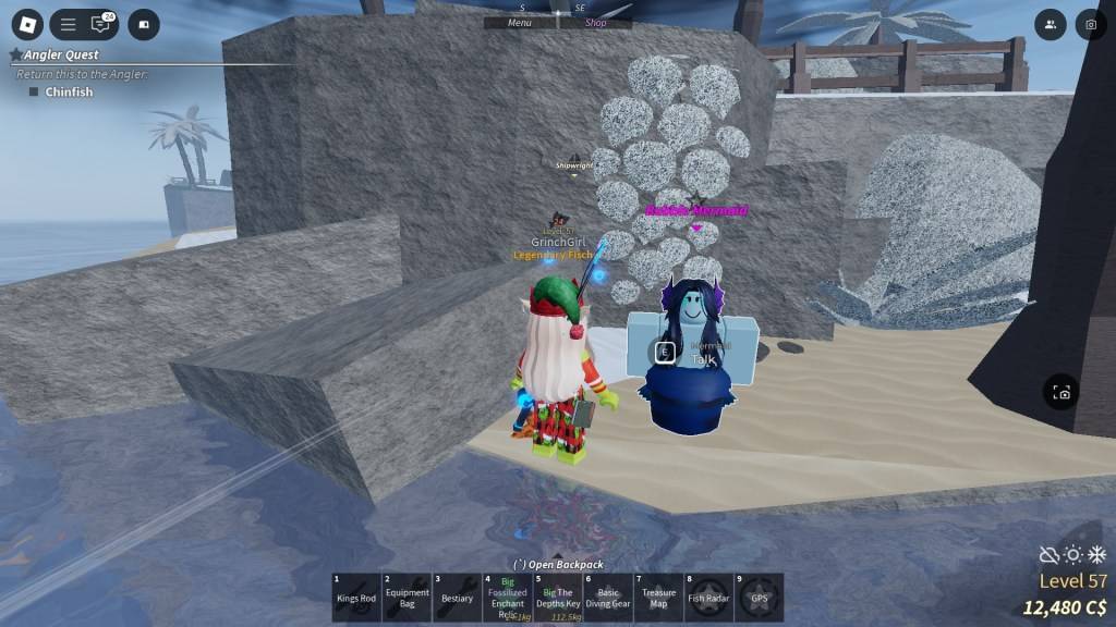 피시 플레이어가 버블 메르마이드 옆에 서 있음