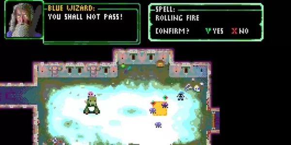 Pixel art scene showing a woman conversing with an orc-like creature in an ice cave