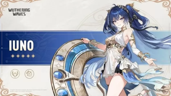 A blue-haired woman smiles and gestures toward the camera, holding a large chakram-like weapon.