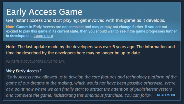 Example of the new warning for abandoned Early Access games