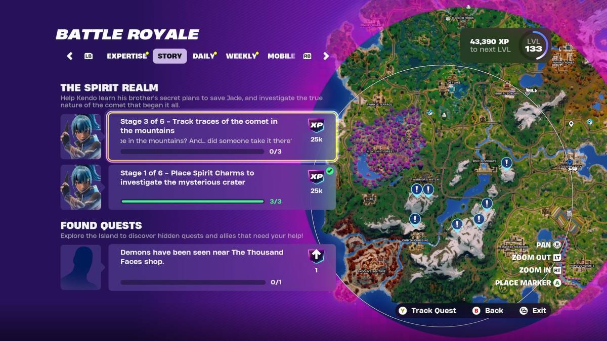 Mapa com as localizações dos vestígios do cometa no Fortnite.