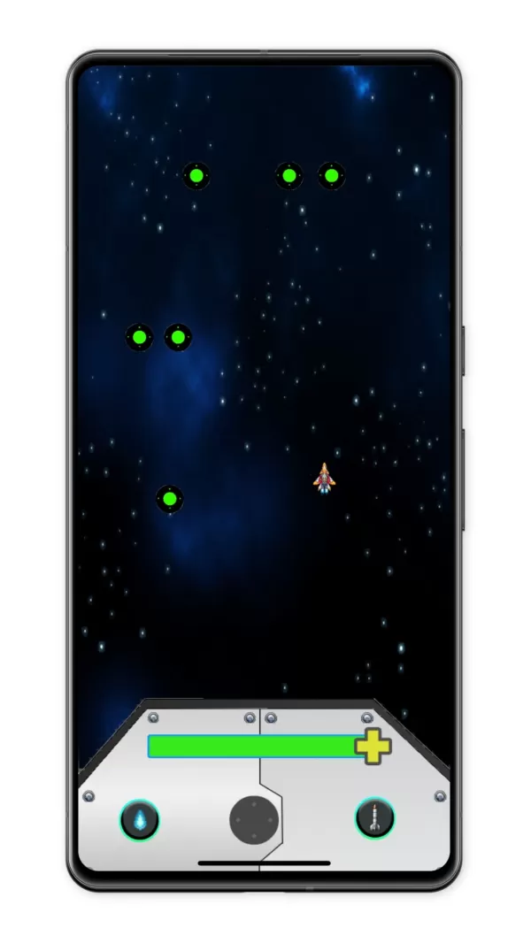 a phone screen showing a sci-fi game with arcade controls and a spaceship flying in space