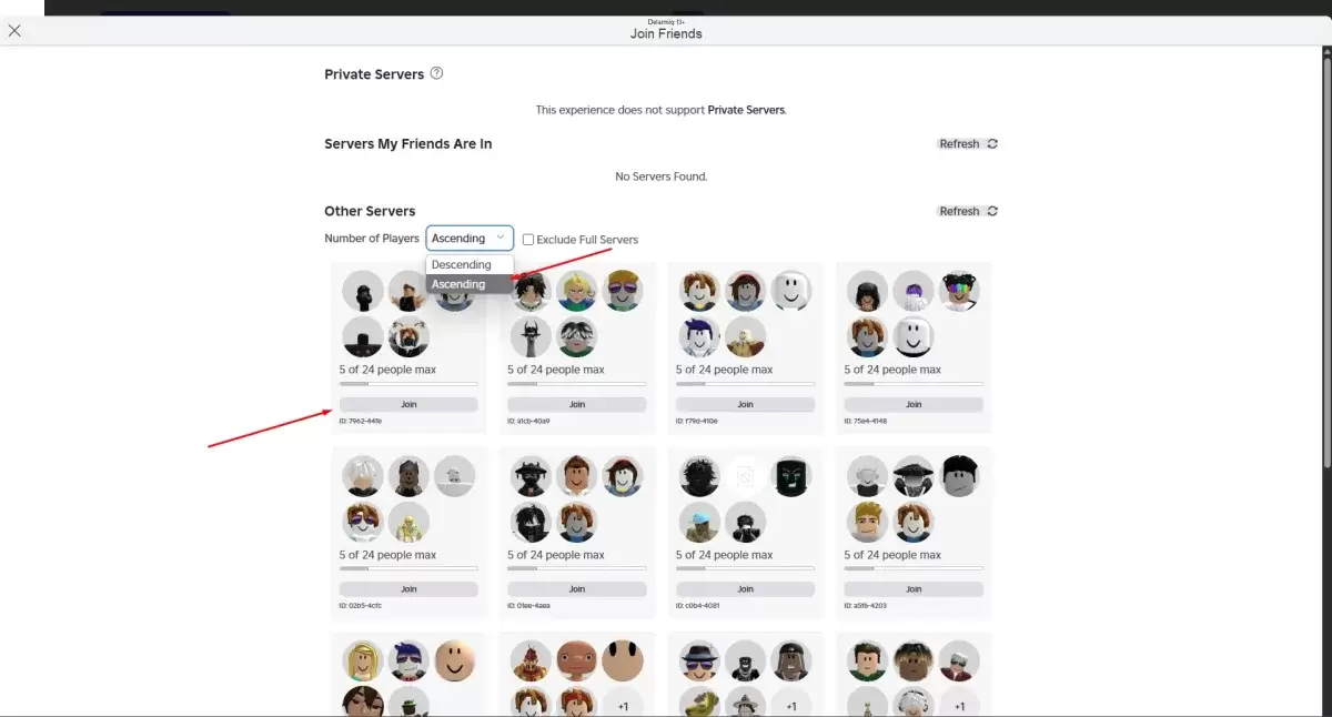 Roblox Blockspin 서버 선택 메뉴