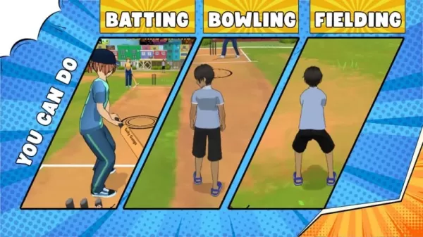 Gully Gangs gameplay screenshot showing intense street cricket action with batting, bowling and fielding