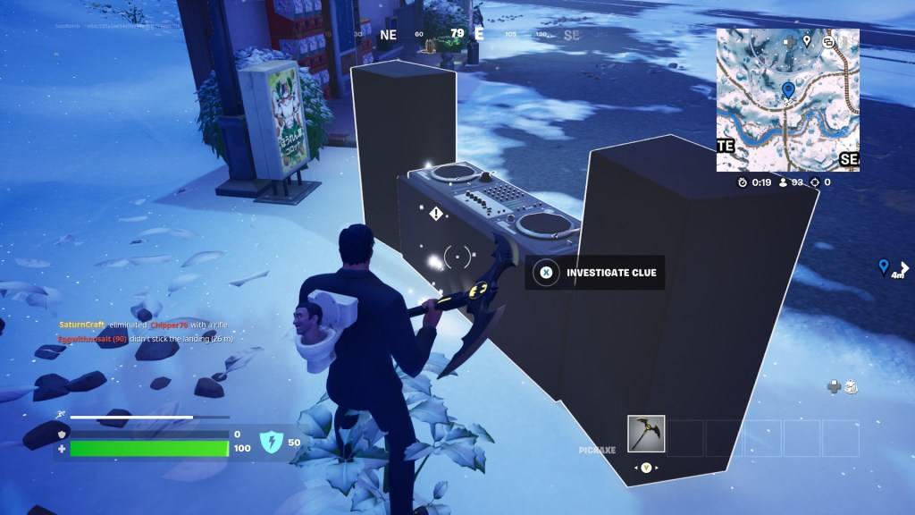 A turntable next to a kiosk in Fortnite.